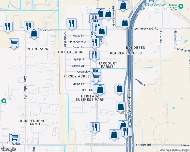 map of restaurants, bars, coffee shops, grocery stores, and more near 6327 Brittmoore Road in Houston