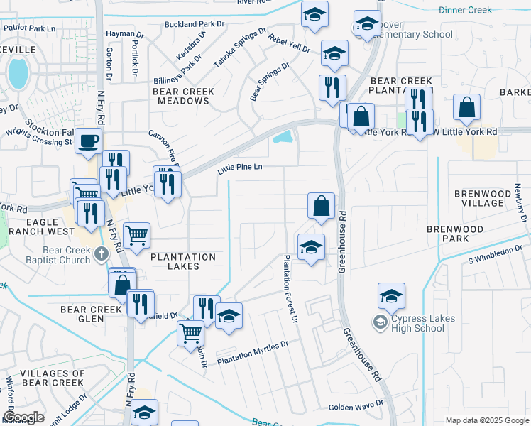 map of restaurants, bars, coffee shops, grocery stores, and more near 19451 Rum River Court in Katy