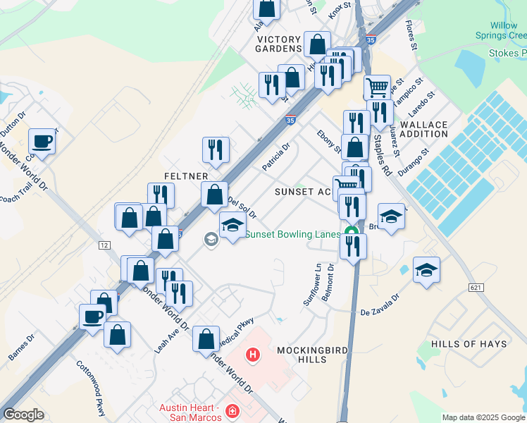 map of restaurants, bars, coffee shops, grocery stores, and more near 519 Candlelight Lane in San Marcos