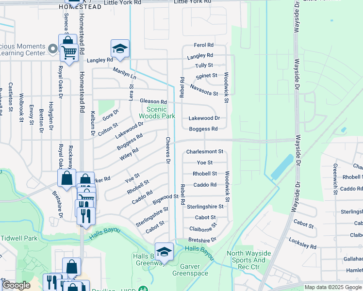 map of restaurants, bars, coffee shops, grocery stores, and more near 7602 Parker Road in Houston