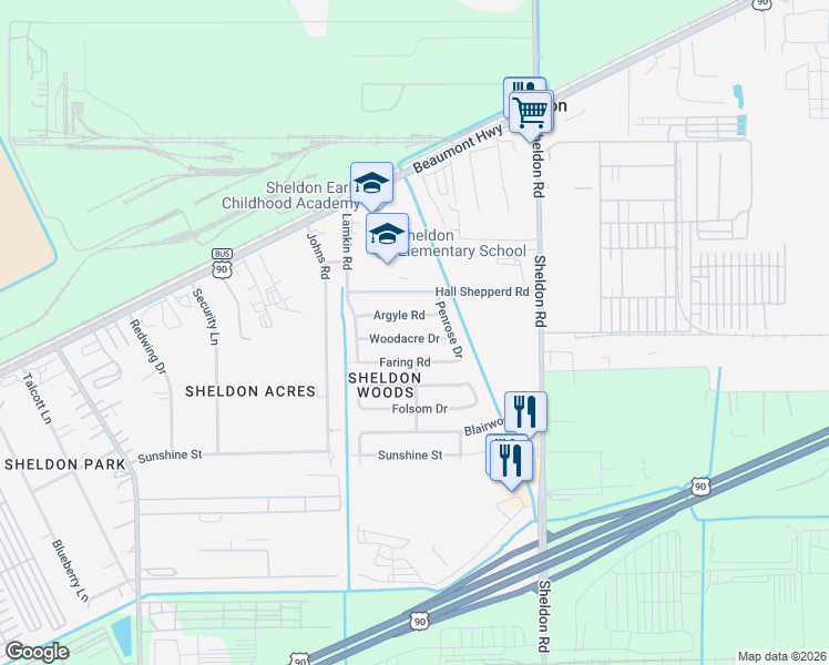 map of restaurants, bars, coffee shops, grocery stores, and more near 17023 Woodacre Drive in Houston