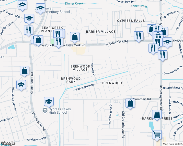 map of restaurants, bars, coffee shops, grocery stores, and more near 18707 South Lyford Drive in Katy