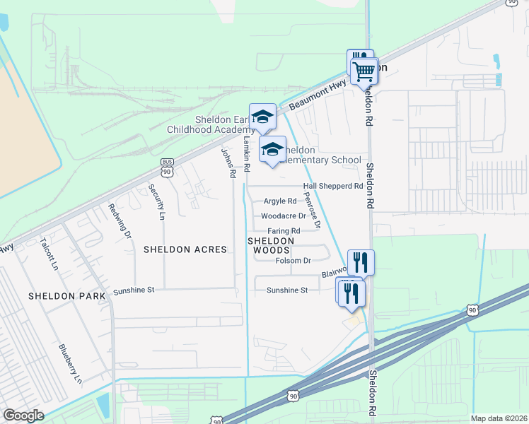 map of restaurants, bars, coffee shops, grocery stores, and more near 16915 Woodacre Drive in Houston