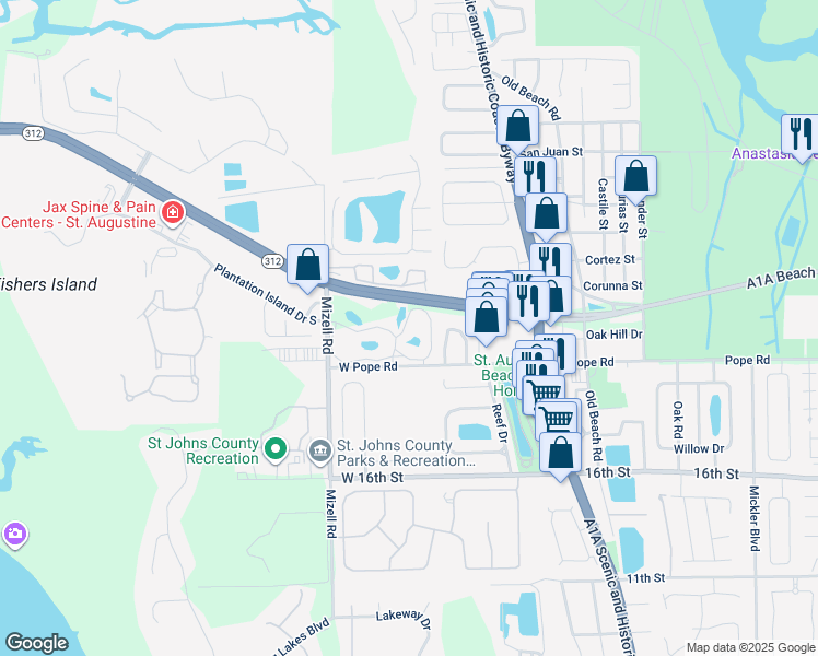 map of restaurants, bars, coffee shops, grocery stores, and more near 650 West Pope Road in St. Augustine