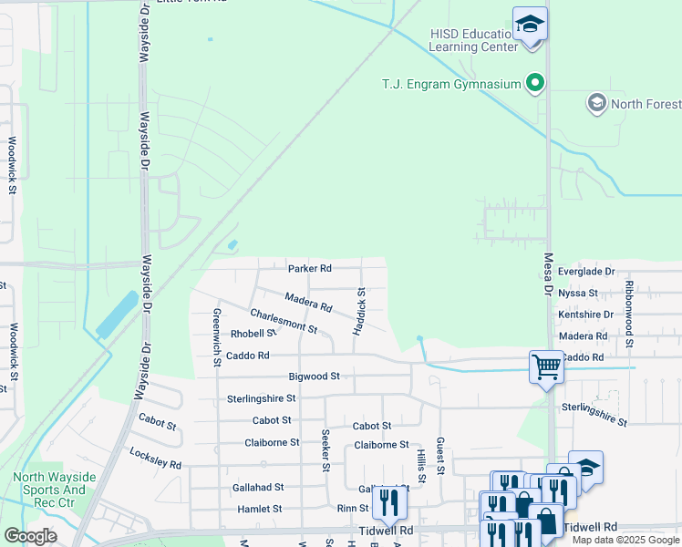 map of restaurants, bars, coffee shops, grocery stores, and more near 8326 Parker Road in Houston