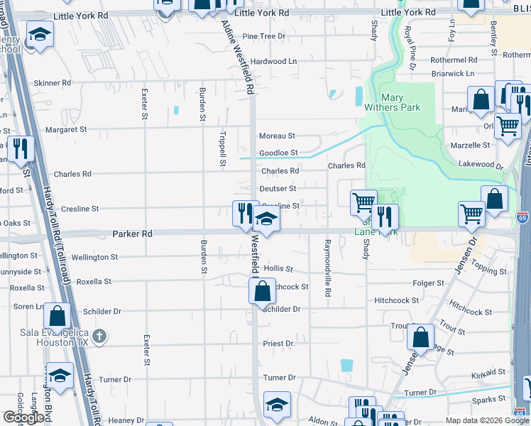 map of restaurants, bars, coffee shops, grocery stores, and more near 2318 Cresline Street in Houston