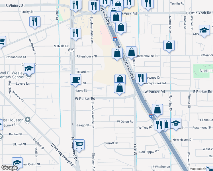 map of restaurants, bars, coffee shops, grocery stores, and more near 6534 Stuebner Airline Road in Houston