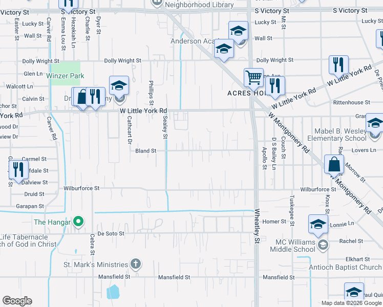 map of restaurants, bars, coffee shops, grocery stores, and more near 6616 Tippett Street in Houston