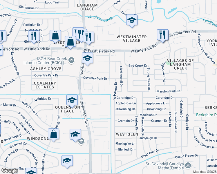 map of restaurants, bars, coffee shops, grocery stores, and more near 5723 Westminster Village Drive in Houston