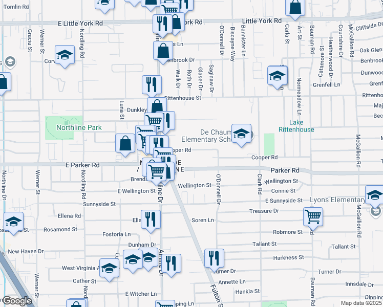 map of restaurants, bars, coffee shops, grocery stores, and more near 36 Cooper Road in Houston