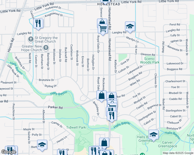 map of restaurants, bars, coffee shops, grocery stores, and more near 10225 Royal Oaks Drive in Houston