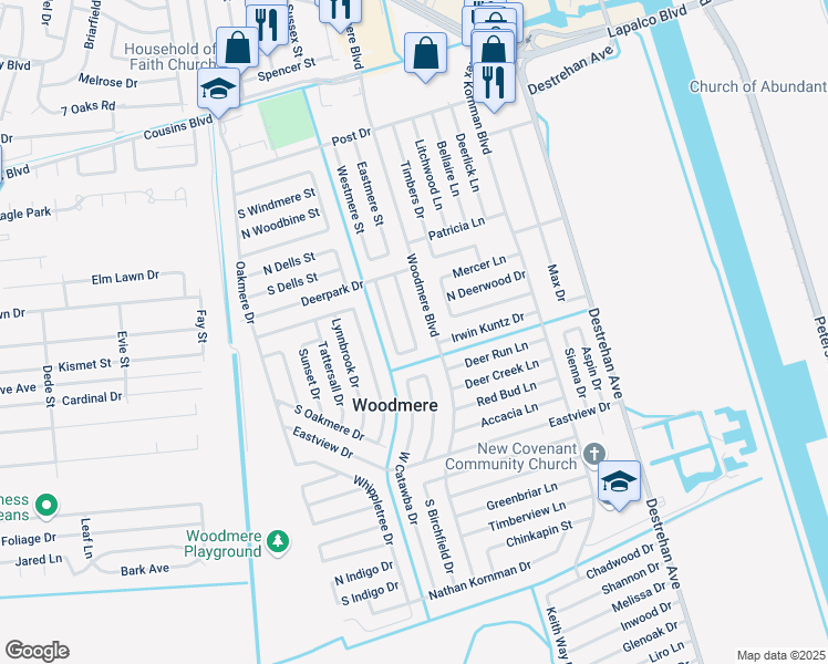 map of restaurants, bars, coffee shops, grocery stores, and more near 2445 East Sunny Meade Drive in Harvey