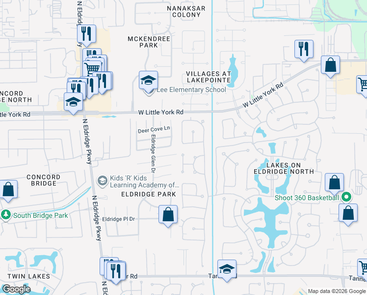 map of restaurants, bars, coffee shops, grocery stores, and more near 12431 Rosa Ridge Lane in Houston