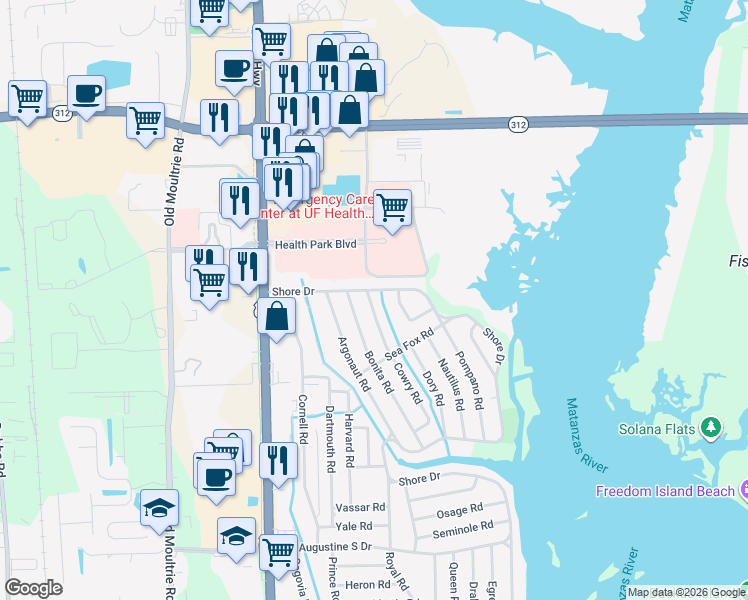 map of restaurants, bars, coffee shops, grocery stores, and more near 101 Cowry Road in St. Augustine