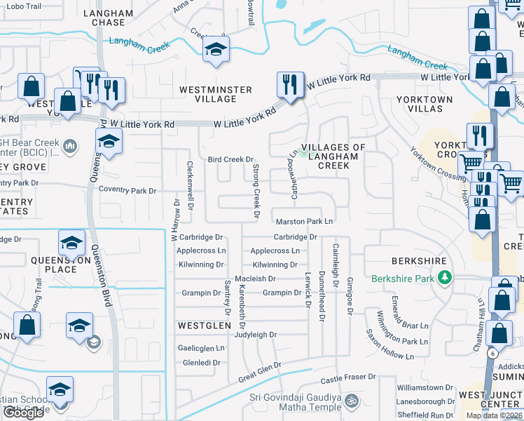 map of restaurants, bars, coffee shops, grocery stores, and more near 5722 Strong Creek Drive in Houston