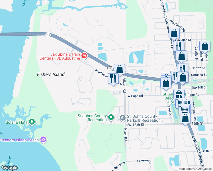 map of restaurants, bars, coffee shops, grocery stores, and more near 30 Hannah Cole Drive in St. Augustine