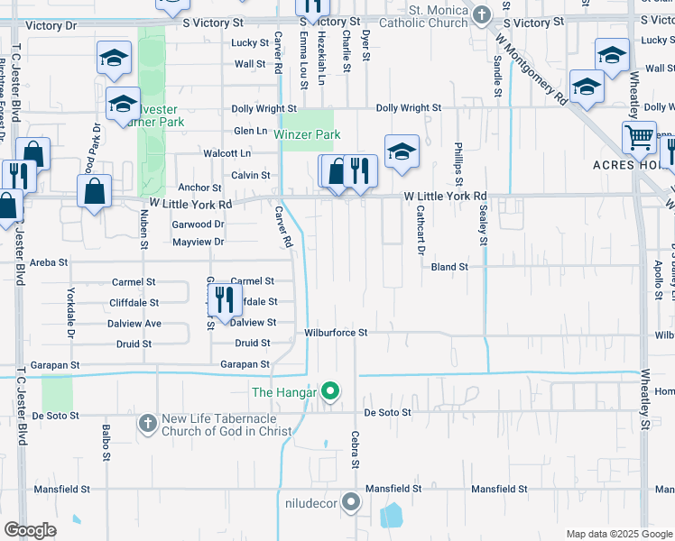 map of restaurants, bars, coffee shops, grocery stores, and more near 6626 Bunche Drive in Houston