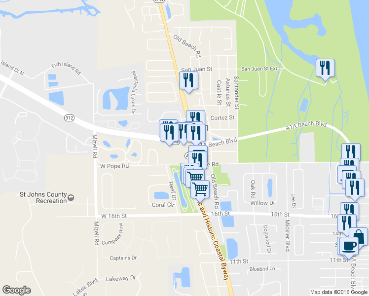 map of restaurants, bars, coffee shops, grocery stores, and more near 1957 A1A South in St. Augustine