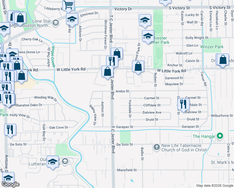 map of restaurants, bars, coffee shops, grocery stores, and more near 3239 Areba Street in Houston