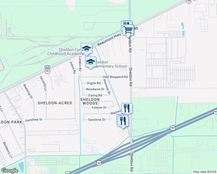 map of restaurants, bars, coffee shops, grocery stores, and more near 9218 Penrose Drive in Houston