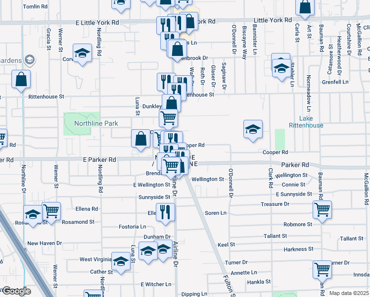map of restaurants, bars, coffee shops, grocery stores, and more near 12 Cooper Road in Houston