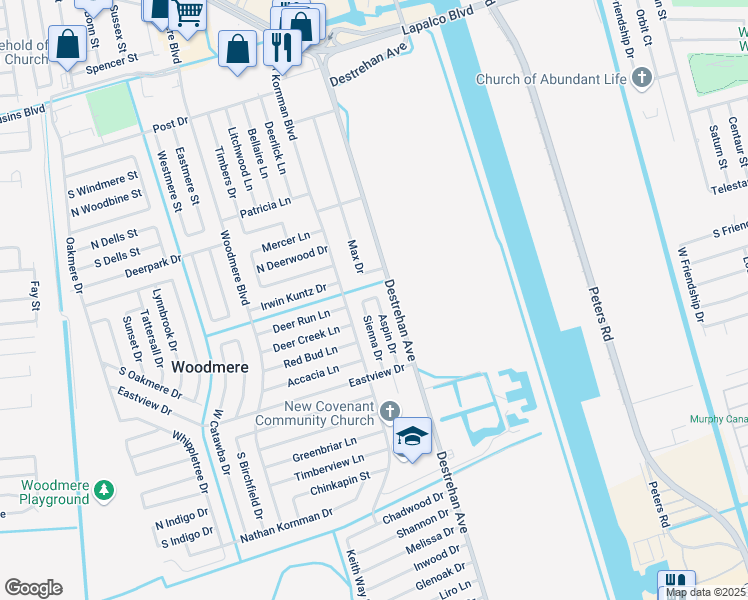 map of restaurants, bars, coffee shops, grocery stores, and more near 3001 Aspin Court in Harvey