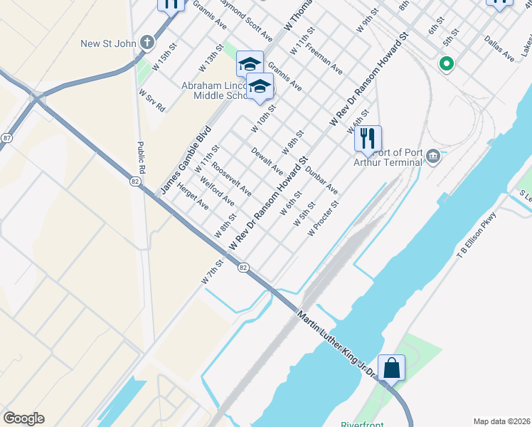 map of restaurants, bars, coffee shops, grocery stores, and more near 1314 West Rev Dr Ransom Howard Street in Port Arthur
