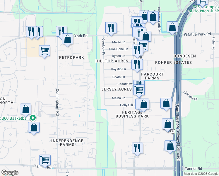 map of restaurants, bars, coffee shops, grocery stores, and more near 11130 Sherry Lane in Houston