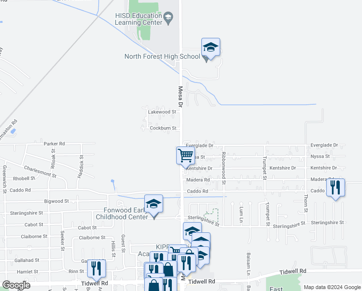 map of restaurants, bars, coffee shops, grocery stores, and more near 10199 Mesa Drive in Houston