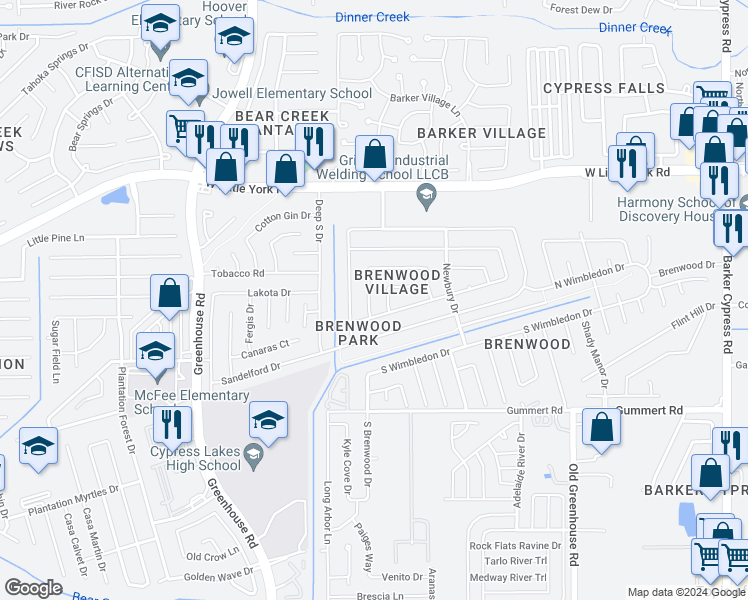 map of restaurants, bars, coffee shops, grocery stores, and more near 6222 Gillian Park Drive in Katy