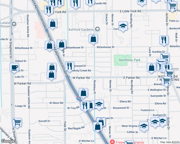 map of restaurants, bars, coffee shops, grocery stores, and more near 113 West Rocky Creek Road in Houston