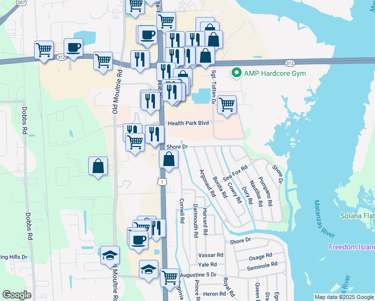 map of restaurants, bars, coffee shops, grocery stores, and more near 210 Shore Drive in St. Augustine