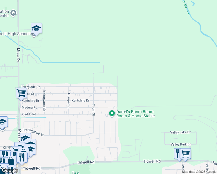 map of restaurants, bars, coffee shops, grocery stores, and more near 9525 Everglade Drive in Houston