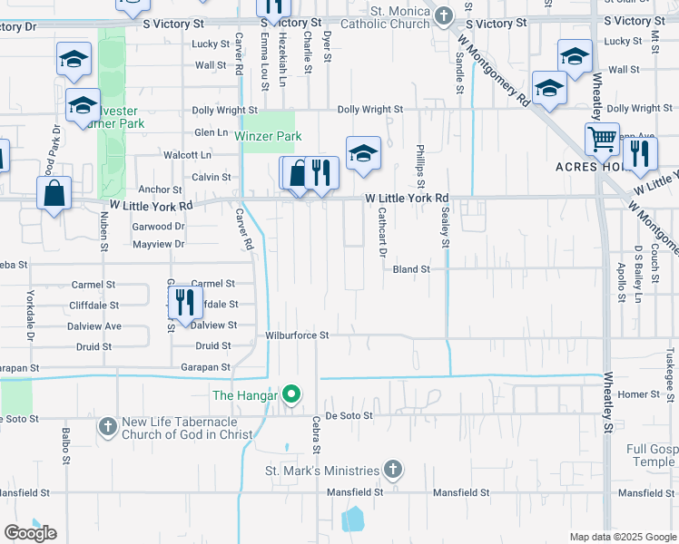 map of restaurants, bars, coffee shops, grocery stores, and more near 6626 Mcwilliams Drive in Houston