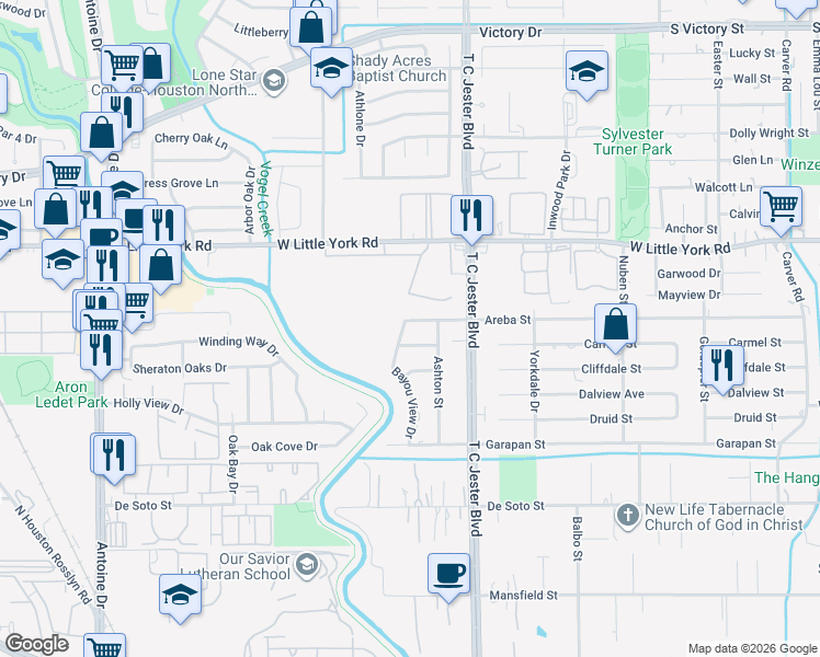map of restaurants, bars, coffee shops, grocery stores, and more near 6646 Bayou View Drive in Houston