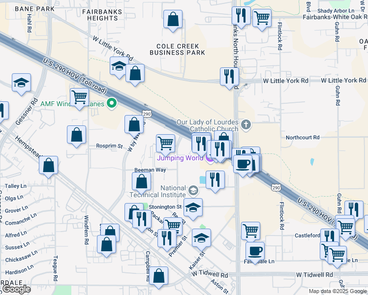 map of restaurants, bars, coffee shops, grocery stores, and more near 6300-6498 Rothway St in Houston