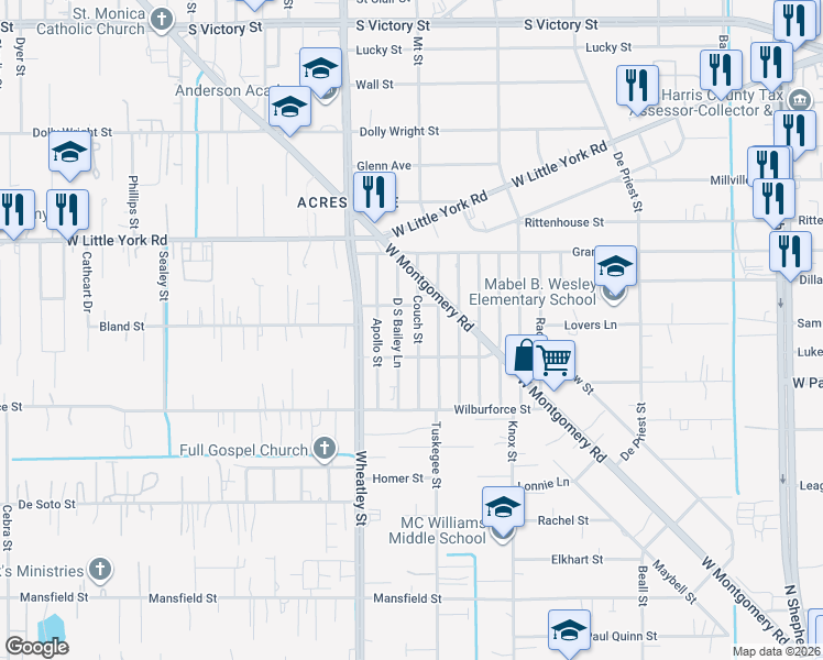 map of restaurants, bars, coffee shops, grocery stores, and more near 6613 Couch Street in Houston