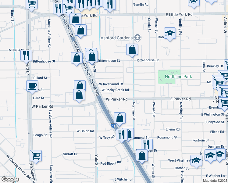 map of restaurants, bars, coffee shops, grocery stores, and more near 201 West Rocky Creek Road in Houston