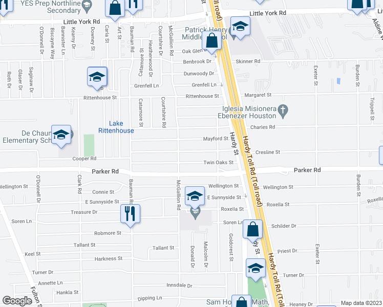 map of restaurants, bars, coffee shops, grocery stores, and more near 806 Cresline Street in Houston