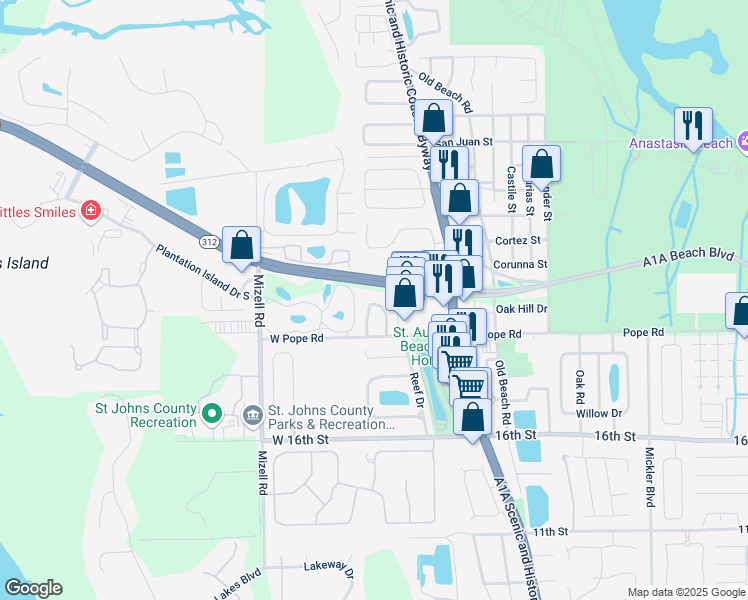 map of restaurants, bars, coffee shops, grocery stores, and more near 57-66 Plantation Island Drive South in St. Augustine