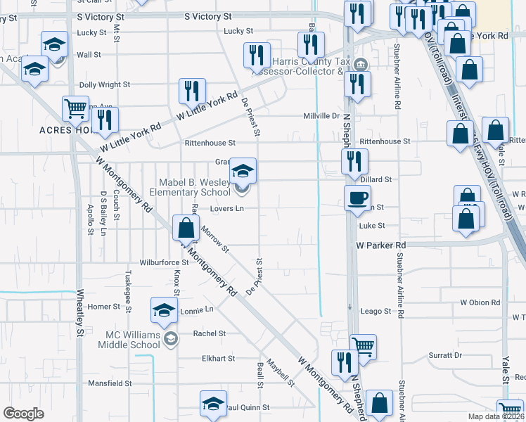 map of restaurants, bars, coffee shops, grocery stores, and more near 6626 De Priest Street in Houston