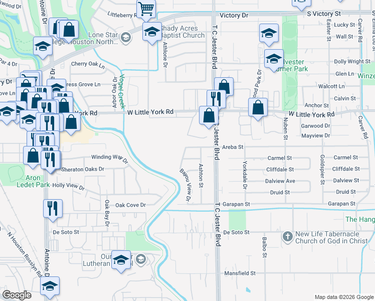map of restaurants, bars, coffee shops, grocery stores, and more near 6646 Bayou View Drive in Houston