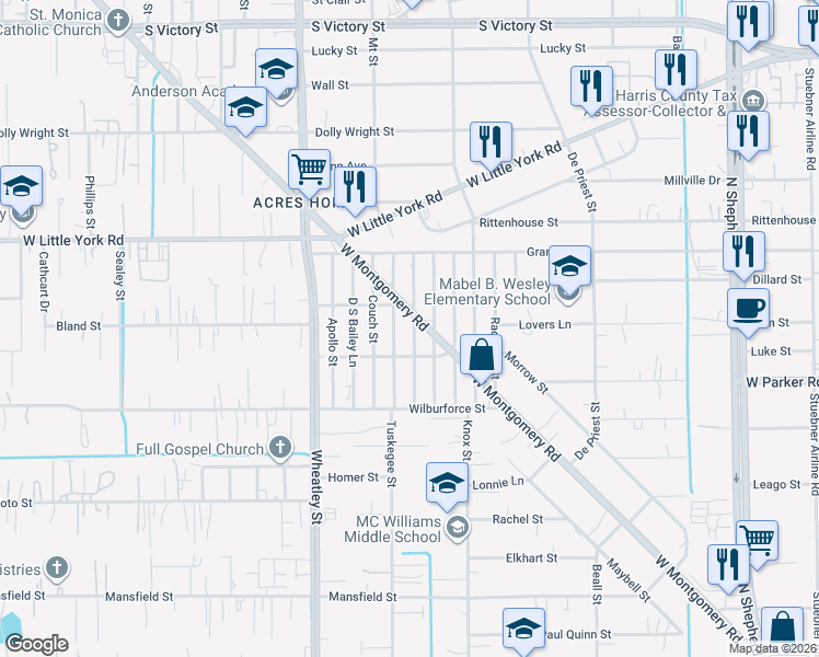 map of restaurants, bars, coffee shops, grocery stores, and more near 6647 Arabella Street in Houston