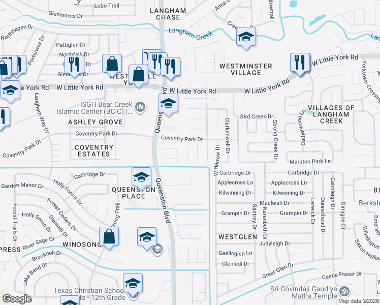 map of restaurants, bars, coffee shops, grocery stores, and more near 5726 Roehampton Court in Houston