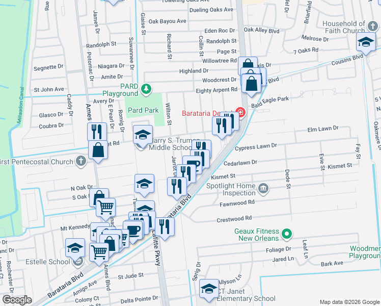 map of restaurants, bars, coffee shops, grocery stores, and more near 2553 Crestridge Circle in Marrero
