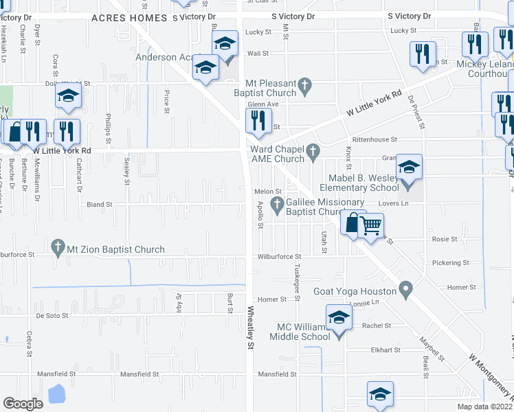map of restaurants, bars, coffee shops, grocery stores, and more near 6629 Apollo Street in Houston