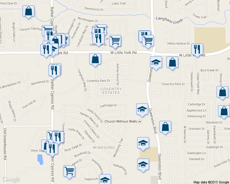 map of restaurants, bars, coffee shops, grocery stores, and more near 17507 Coventry Squire Drive in Houston