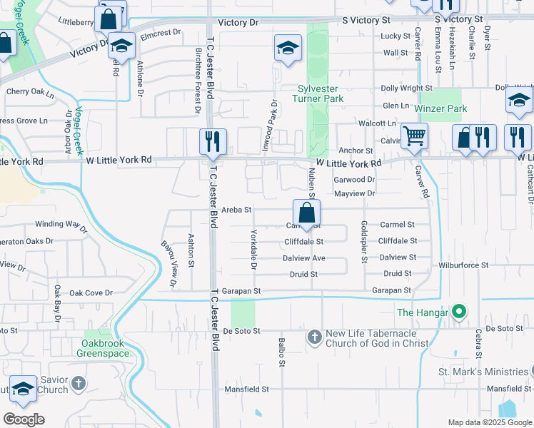 map of restaurants, bars, coffee shops, grocery stores, and more near 3107 Areba Street in Houston