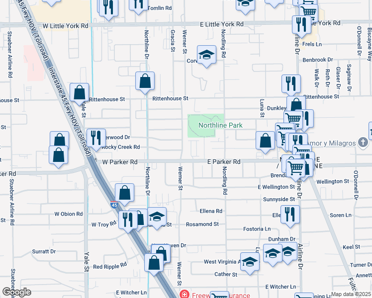 map of restaurants, bars, coffee shops, grocery stores, and more near 6814 Werner Street in Houston