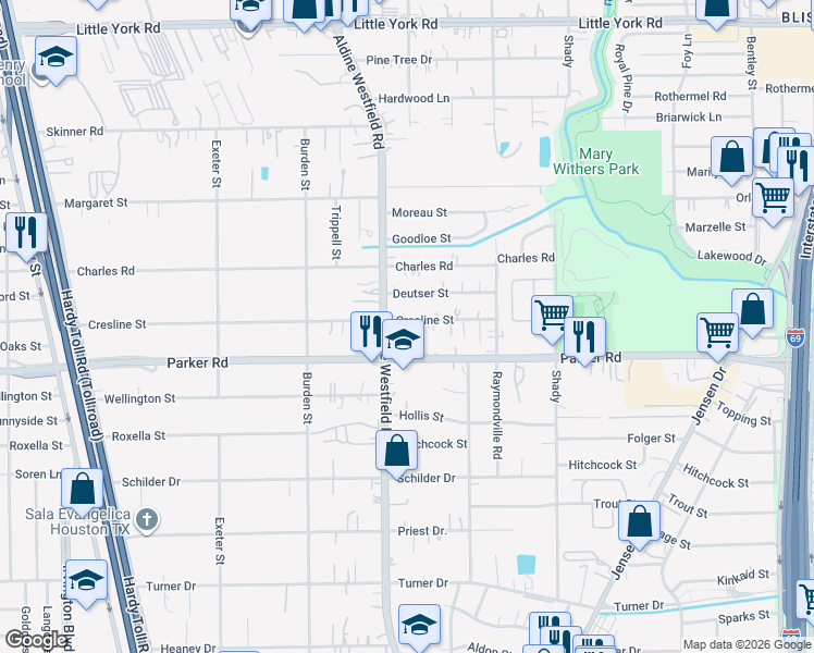map of restaurants, bars, coffee shops, grocery stores, and more near 2318 Cresline Street in Houston